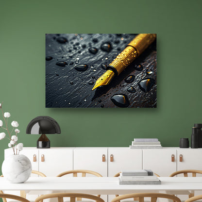 Elegante gouden pen op donkere achtergrond met waterdruppels acrylglas