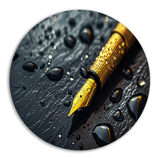 Elegante gouden pen op donkere achtergrond met waterdruppels aluminium muurcirkel