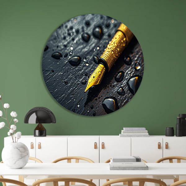 Elegante gouden pen op donkere achtergrond met waterdruppels aluminium muurcirkel