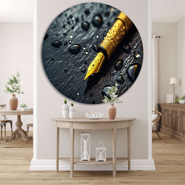 Elegante gouden pen op donkere achtergrond met waterdruppels aluminium muurcirkel