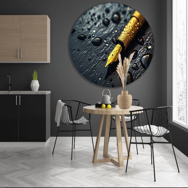 Elegante gouden pen op donkere achtergrond met waterdruppels aluminium muurcirkel