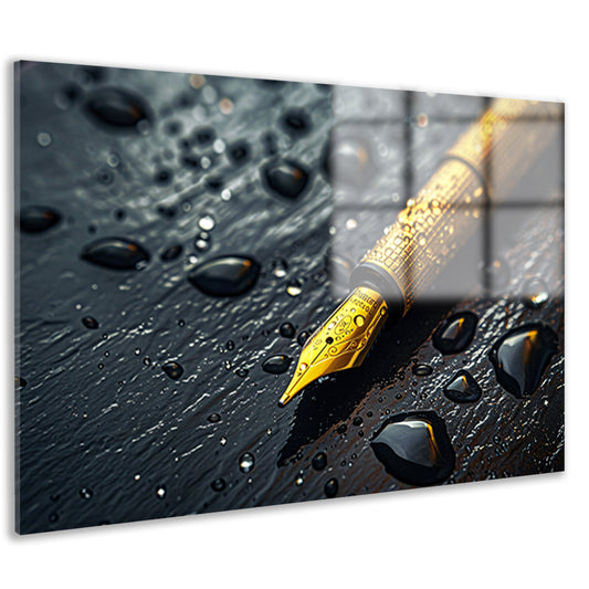 Elegante gouden pen op donkere achtergrond met waterdruppels acrylglas
