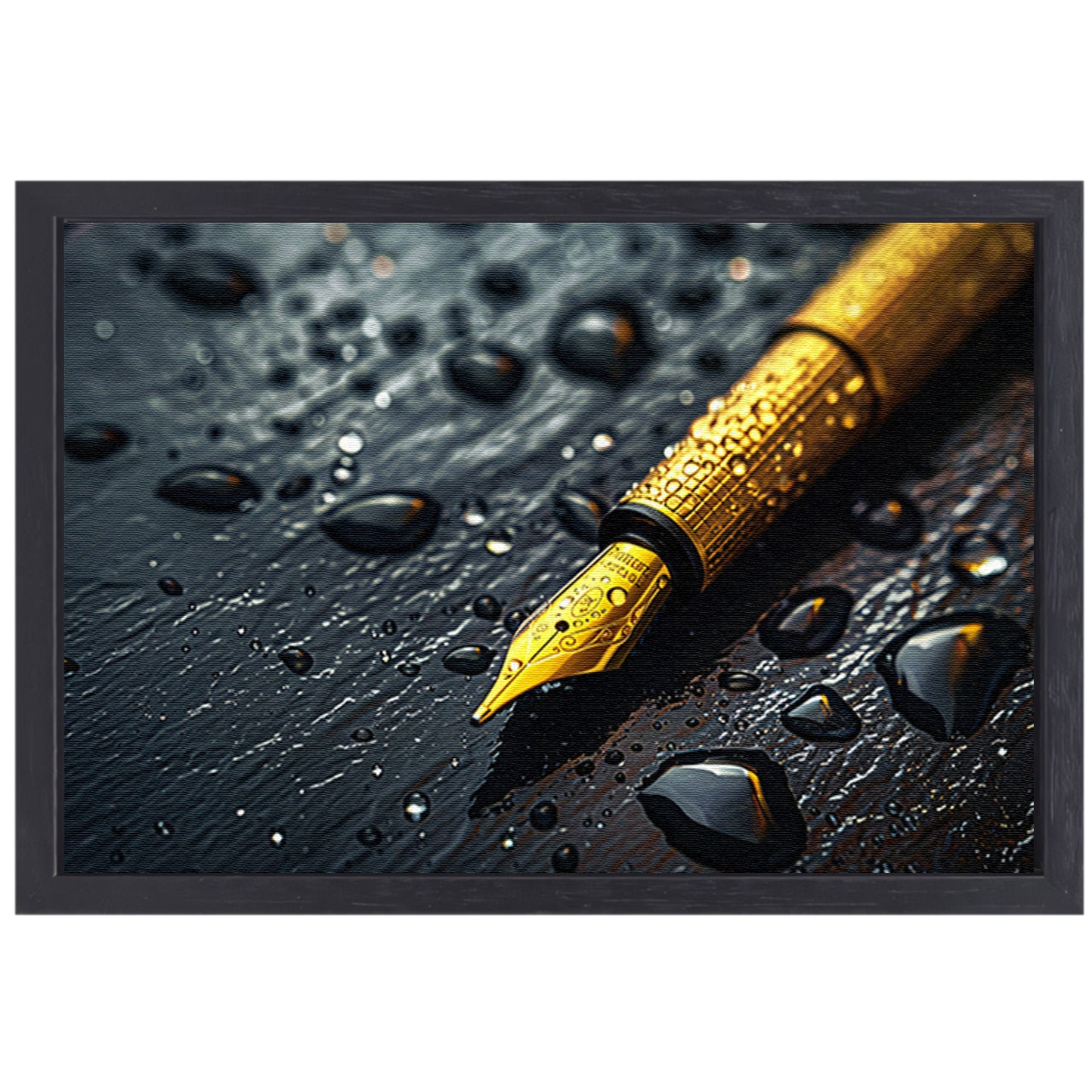 Elegante gouden pen op donkere achtergrond met waterdruppels canvas met baklijst