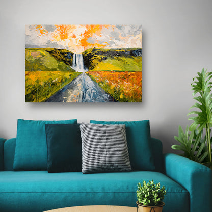 Kleurrijk schilderij van landschap met waterval poster