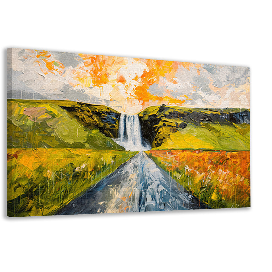 Kleurrijk schilderij van landschap met waterval canvas