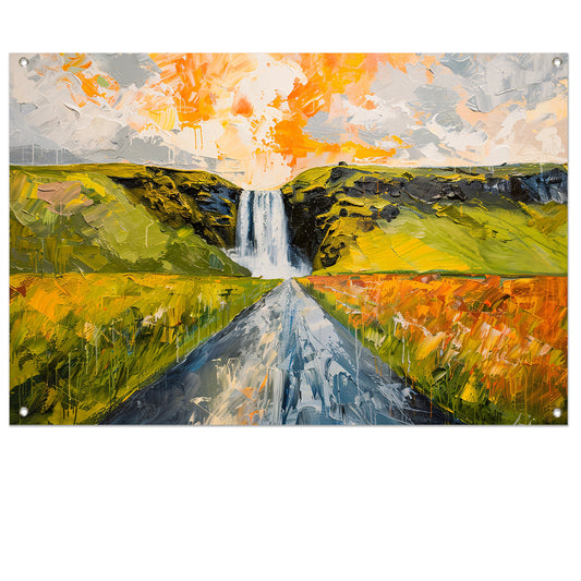 Kleurrijk schilderij van landschap met waterval tuinposter