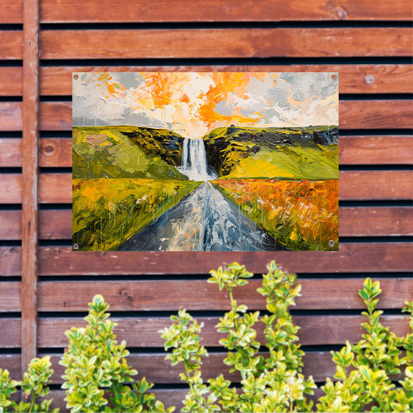 Kleurrijk schilderij van landschap met waterval tuinposter
