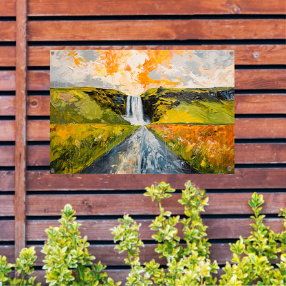 Kleurrijk schilderij van landschap met waterval tuinposter