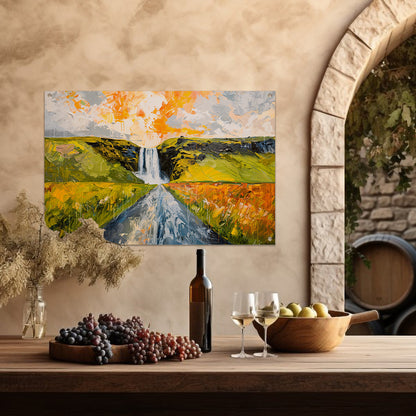 Kleurrijk schilderij van landschap met waterval tuinposter