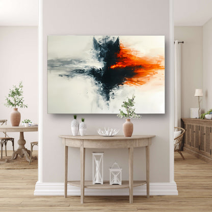 Abstract schilderij van wolf met vurige kleuren canvas met baklijst