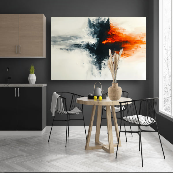 Abstract schilderij van wolf met vurige kleuren canvas met baklijst
