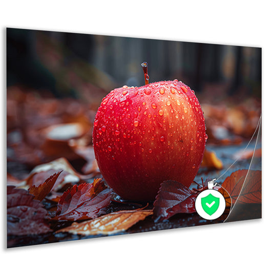 Rode appel bedekt met dauw in herfst poster