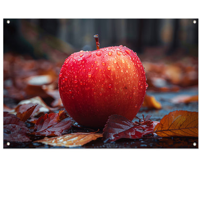 Rode appel bedekt met dauw in herfst tuinposter