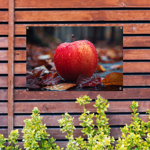 Rode appel bedekt met dauw in herfst tuinposter