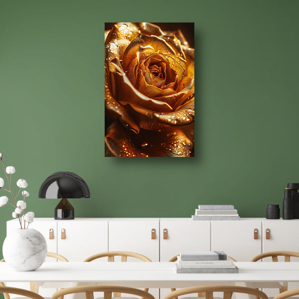 Close-up van een gouden roos met waterdruppels poster