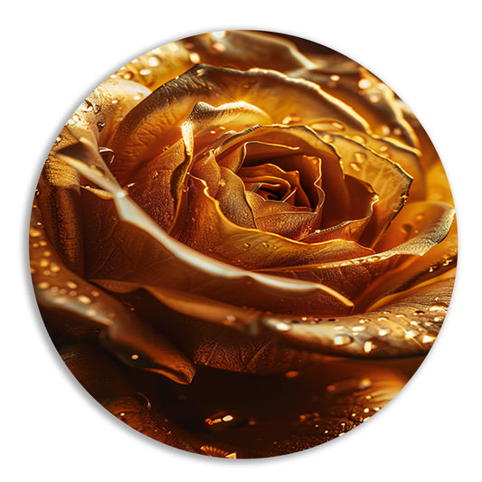 Close-up van een gouden roos met waterdruppels aluminium muurcirkel