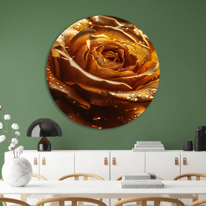Close-up van een gouden roos met waterdruppels aluminium muurcirkel