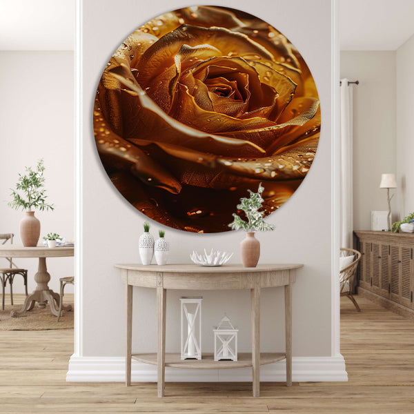 Close-up van een gouden roos met waterdruppels aluminium muurcirkel