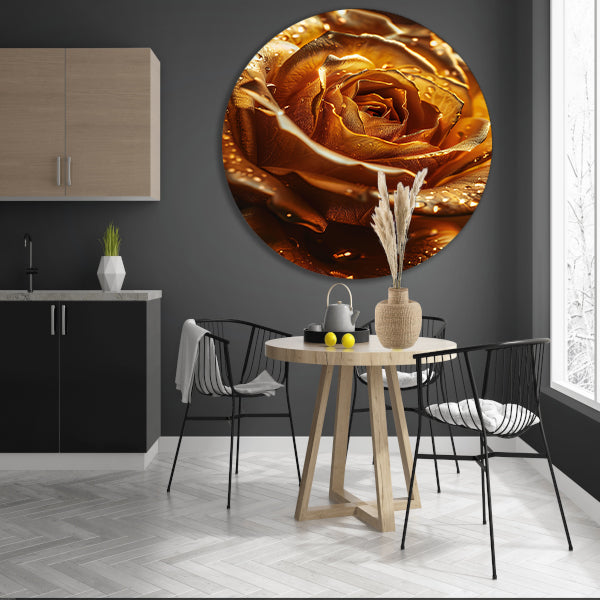 Close-up van een gouden roos met waterdruppels aluminium muurcirkel