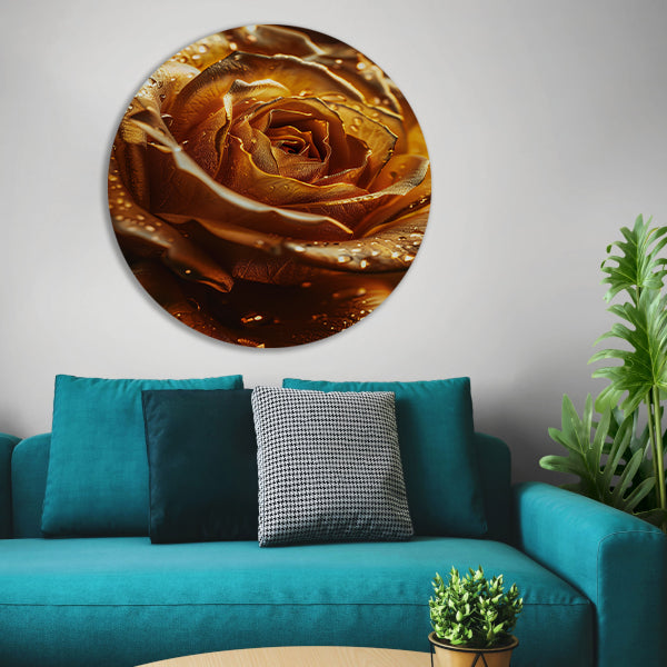 Close-up van een gouden roos met waterdruppels aluminium muurcirkel