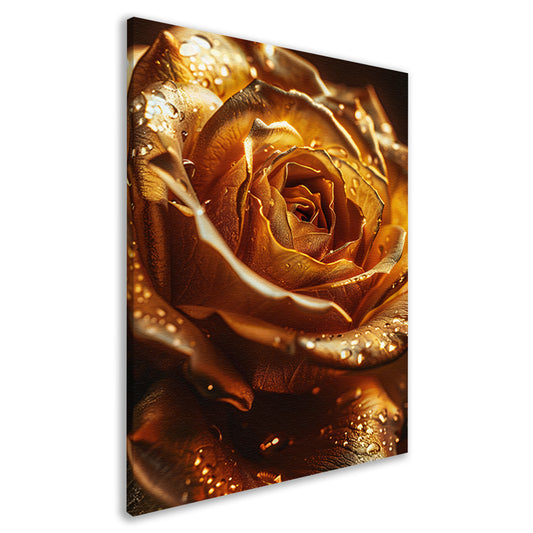 Close-up van een gouden roos met waterdruppels canvas