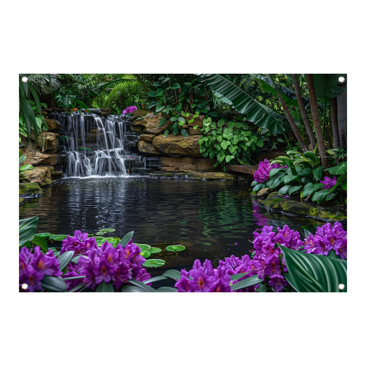 Tropische waterval omgeven door weelderig groen en bloemen tuinposter