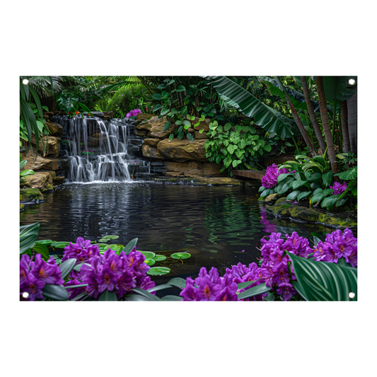 Tropische waterval omgeven door weelderig groen en bloemen tuinposter