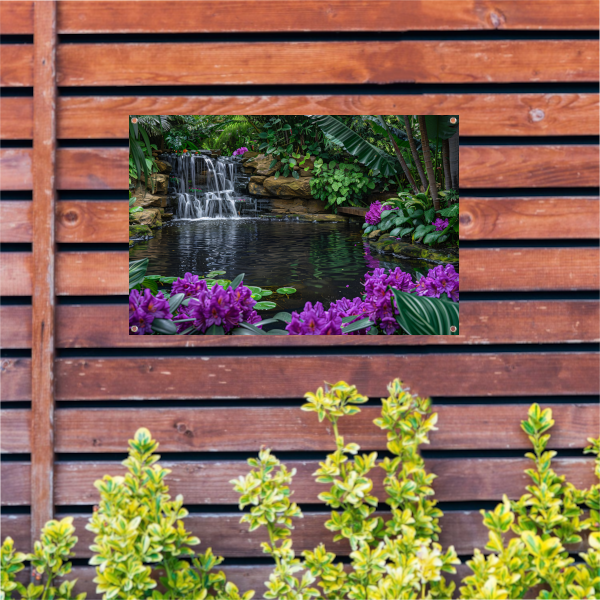 Tropische waterval omgeven door weelderig groen en bloemen tuinposter