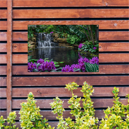 Tropische waterval omgeven door weelderig groen en bloemen tuinposter