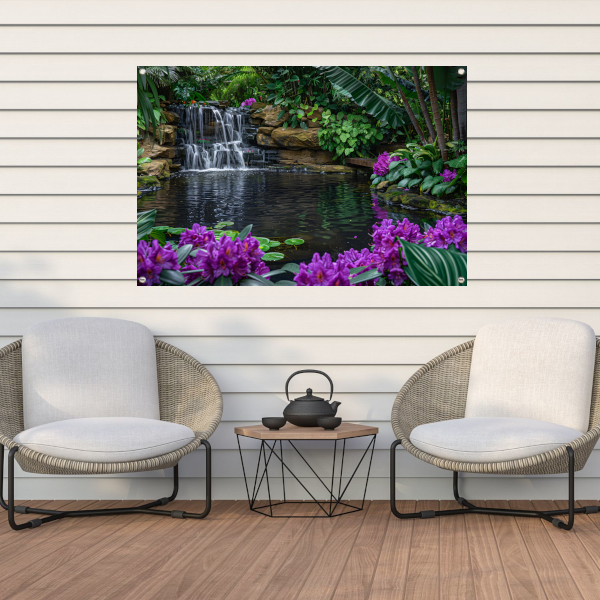 Tropische waterval omgeven door weelderig groen en bloemen tuinposter