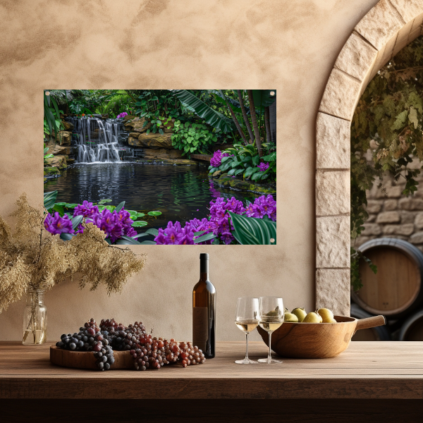 Tropische waterval omgeven door weelderig groen en bloemen tuinposter