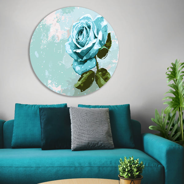 Prachtige digitale blauwe roos schilderij aluminium muurcirkel