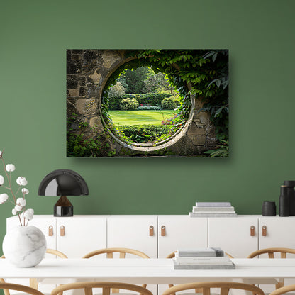 Weelderige tuin gezien door een oude stenen boog acrylglas