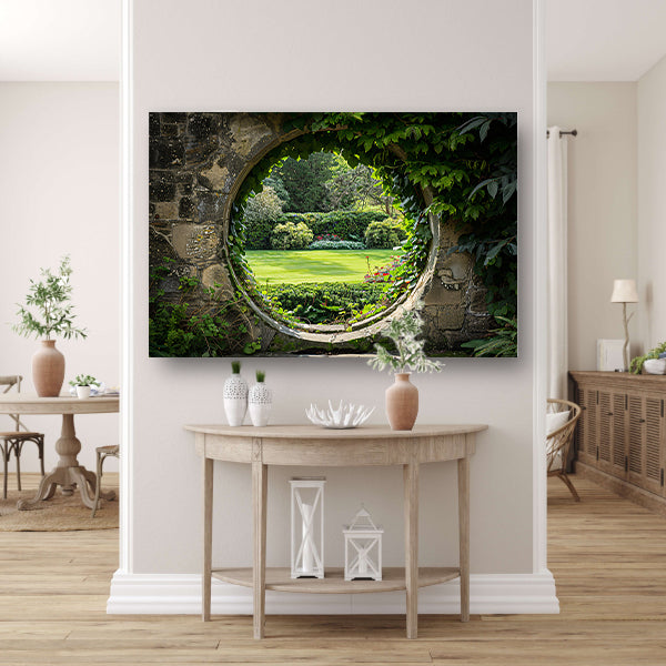 Weelderige tuin gezien door een oude stenen boog acrylglas