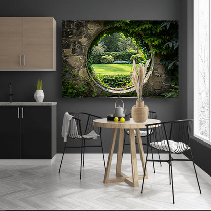 Weelderige tuin gezien door een oude stenen boog acrylglas