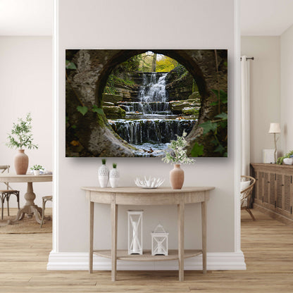 Waterval door een stenen opening gezien   poster