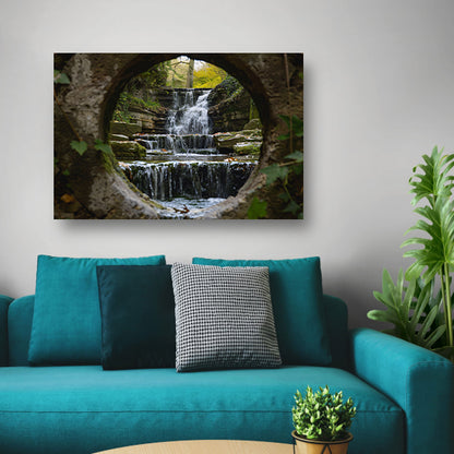 Waterval door een stenen opening gezien   poster