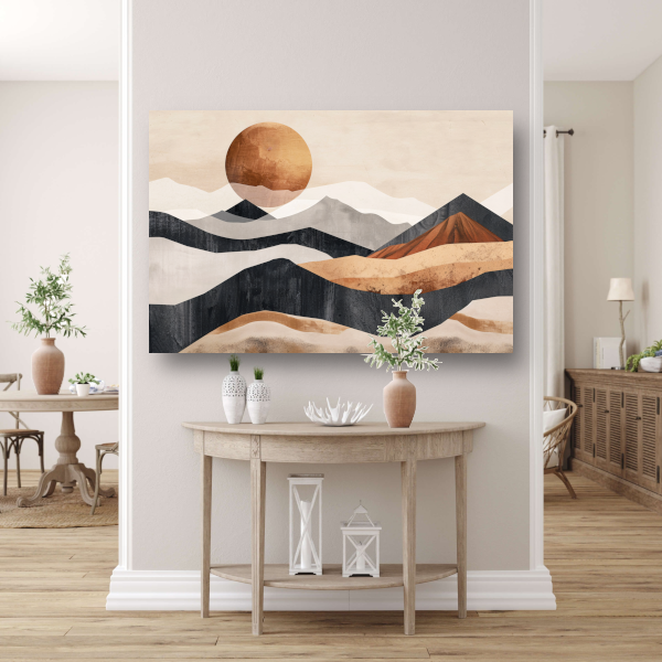 Monochrome Bergen en Zonsondergang in Abstract canvas