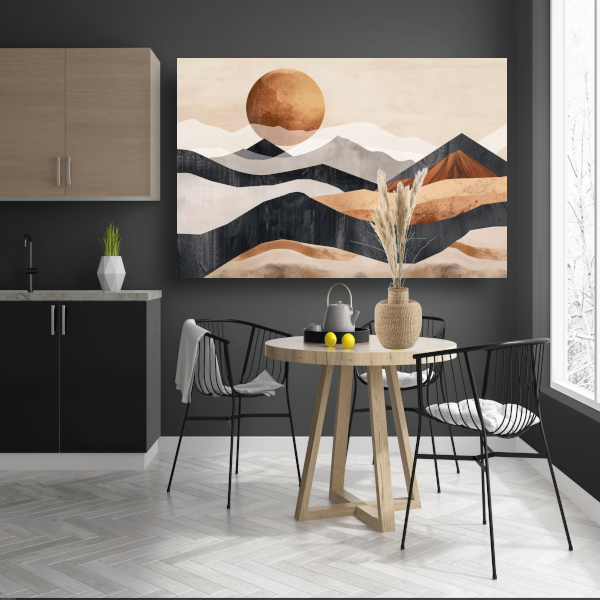 Monochrome Bergen en Zonsondergang in Abstract canvas