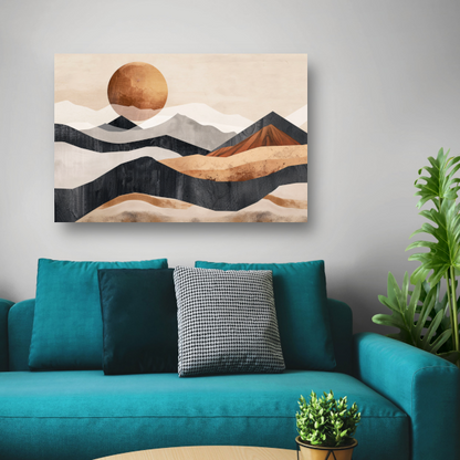 Monochrome Bergen en Zonsondergang in Abstract canvas