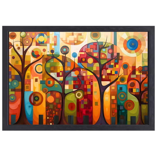 Abstracte bomen in stedelijke kleurenpracht canvas met baklijst