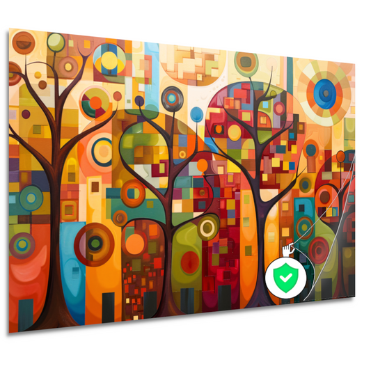 Abstracte bomen in stedelijke kleurenpracht poster