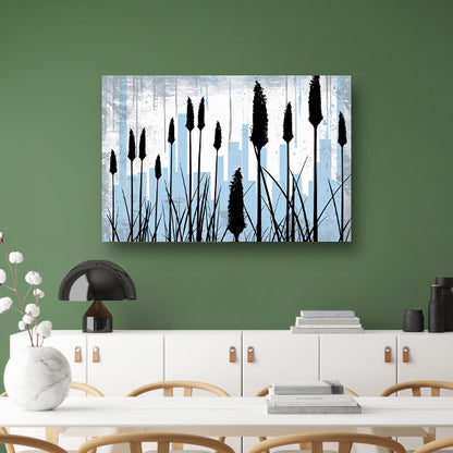 Minimalistisch silhouet van planten en skyline poster