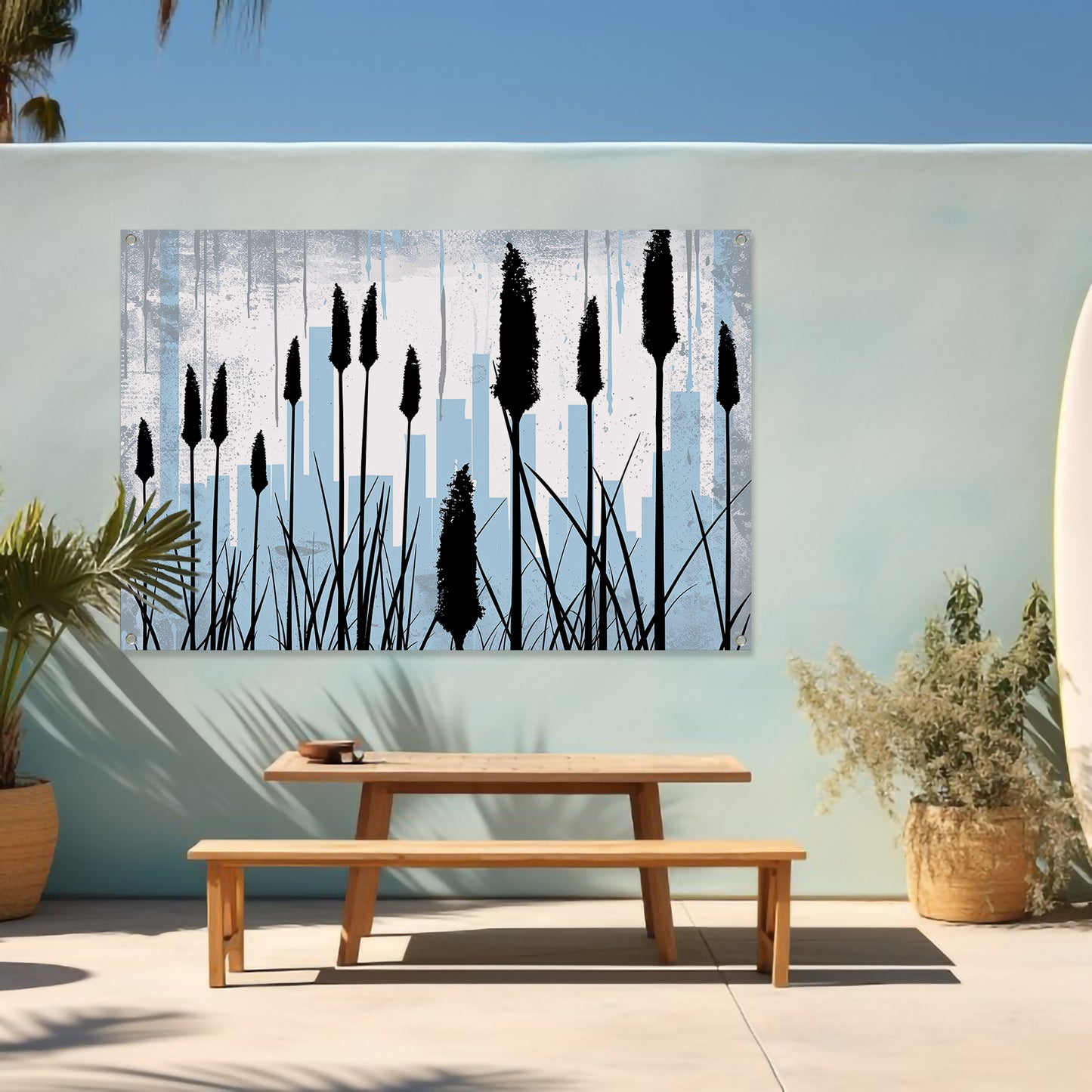 Minimalistisch silhouet van planten en skyline tuinposter