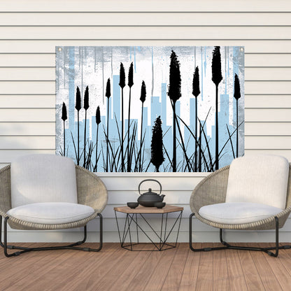 Minimalistisch silhouet van planten en skyline tuinposter