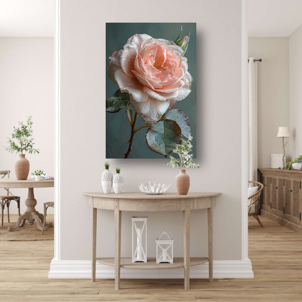 Roze Roos in Bloei met Dauwdruppels poster