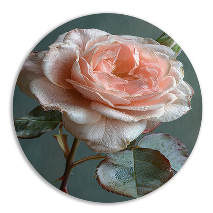 Roze Roos in Bloei met Dauwdruppels aluminium muurcirkel