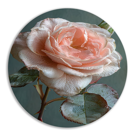 Roze Roos in Bloei met Dauwdruppels aluminium muurcirkel