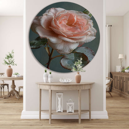 Roze Roos in Bloei met Dauwdruppels aluminium muurcirkel