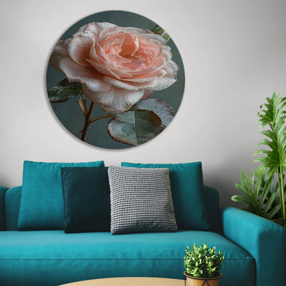Roze Roos in Bloei met Dauwdruppels aluminium muurcirkel